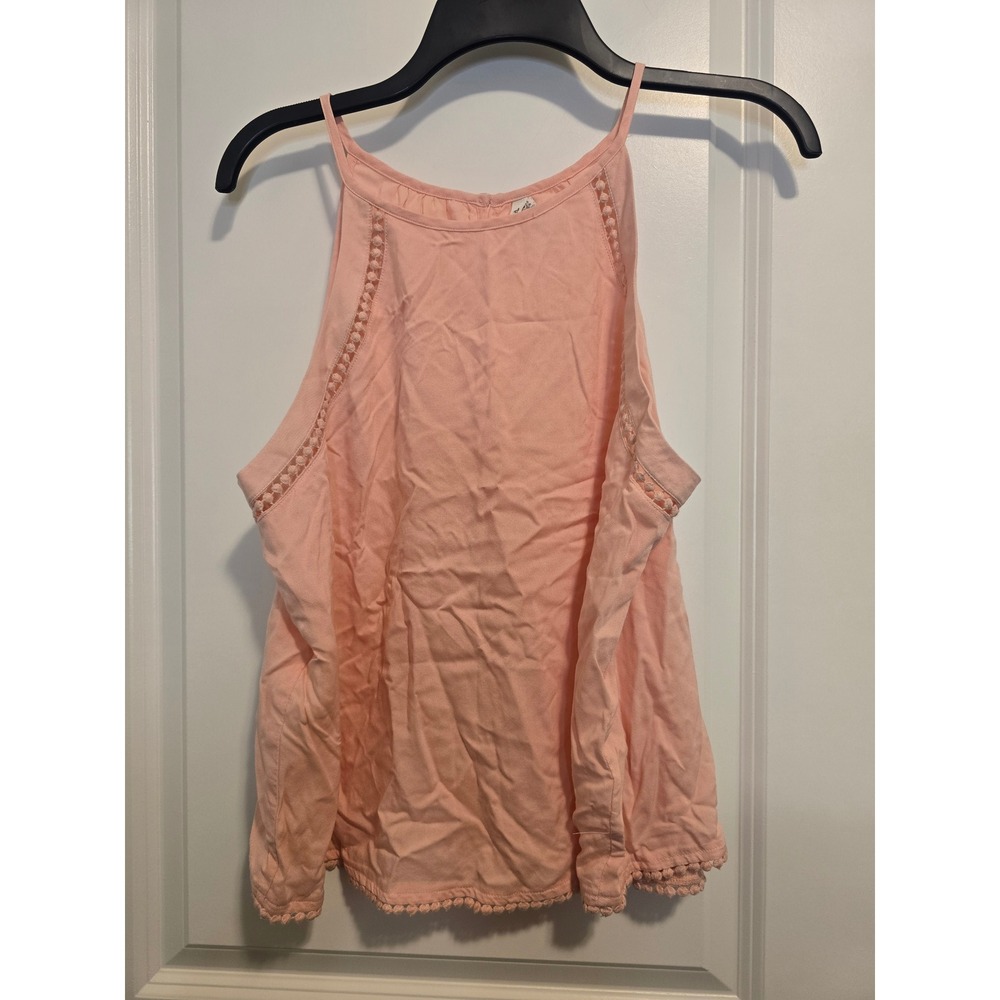 Mudd Womens Peach Pink Halter Tank Top Pom Pom Trim Boho Lace XL